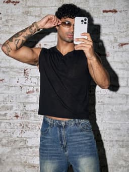 Mouwloos Henley shirt voor heren, kort en doorzichtig, ideaal voor festivals, feesten en raves, boxy fit spiershirt — thumbnail 5