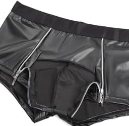 Sexy Heren Boxer Lederlook met Dubbele Rits - PU Wetlook Open Kruis Boxershort Mannen - Fetish & Clubwear - Maat L — thumbnail 4