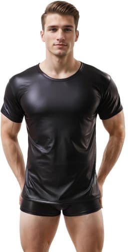 Glanzend wetlook shirt heren – maat M – strakke fetish clubwear kleding – korte mouw t-shirt voor mannen — thumbnail 2