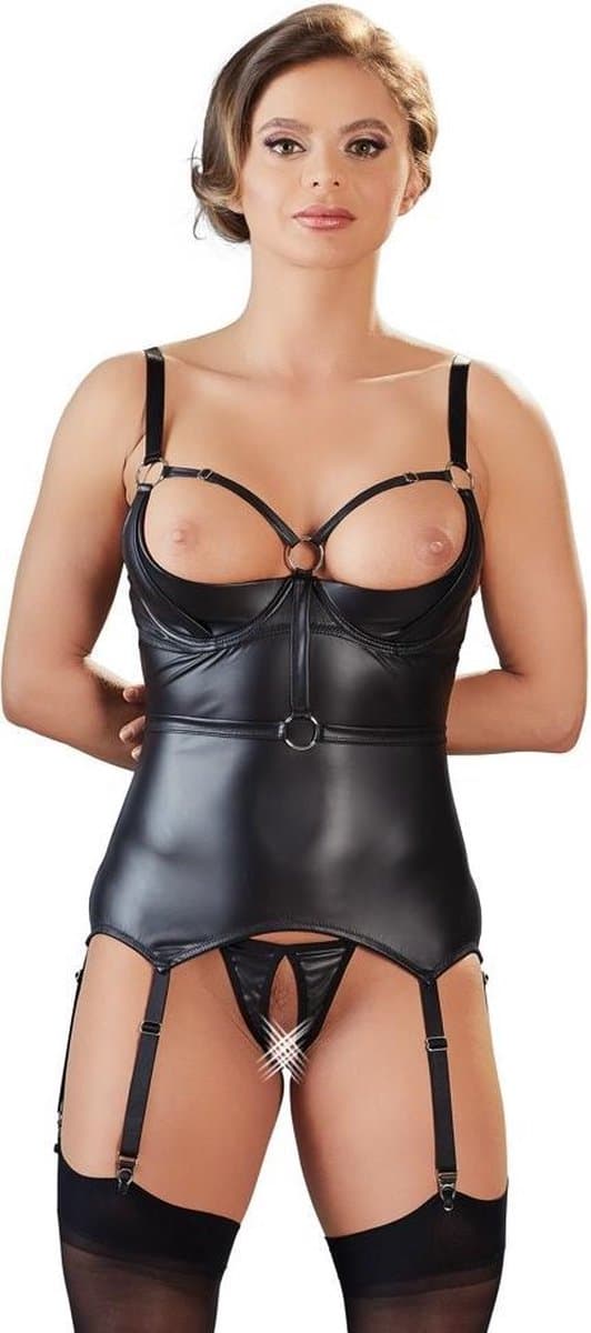 Cottelli Collection – Jarretel Hemd met Open Kruis String Hoogwaardige Uitstraling – Maat S - Zwart — afbeelding 1