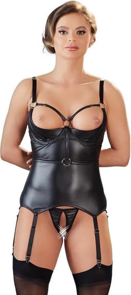 Cottelli Collection – Jarretel hemd met open kruis string hoogwaardige uitstraling – Maat M - Zwart — thumbnail 1