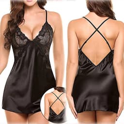 LOUZIR Satijnen nachtjurk- sexy lingerie- nachtjapon- Nachtkleding- zwart — thumbnail 1