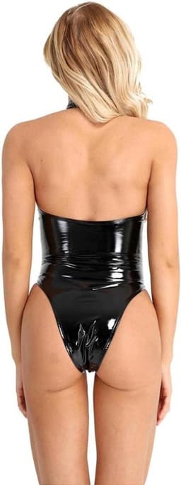 PU lederen mini bodysuit - Halsband - BDSM - Erotisch - Latex Wetlook - Zwart — thumbnail 2