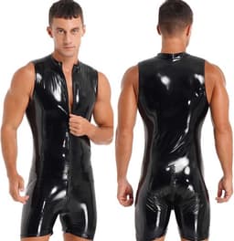 Heren Latex Wetlook jumpsuit deluxe - Mouwloos - Sexy bodysuit heren - Zwart — thumbnail 1