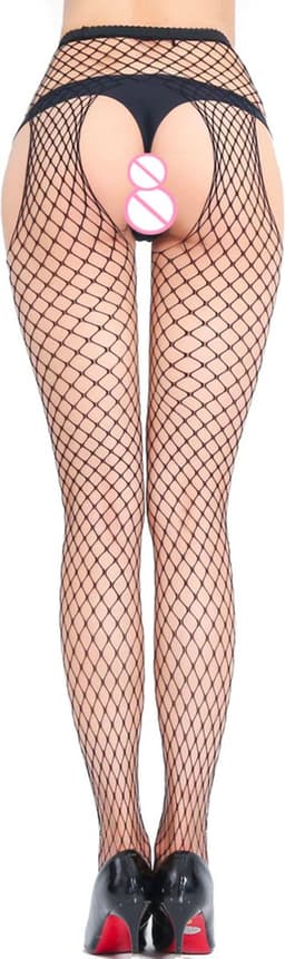 Sexy Panty met Open Kruis - Visnet Panty Zwart - Open Zijkanten - Erotische Panty - Uitdagend - Fishnet Lingerie Kousen - Doorzichtig - One Size — thumbnail 2
