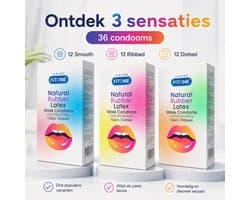 condoom mix pack –36 stuks –condooms met ribbels– condooms noppen – condooms naturel – 3 varianten– condooms met glijmiddel – condooms 52mm – FiTONE