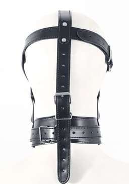 Adultshop - Luxe PU Leder Collar Masker met Ingebouwde Gag - Volledig Verstelbaar BDSM Hoofdharnas in Zwart — thumbnail 3