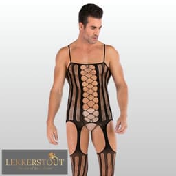 LekkerStout Heren Jarretel Bodystocking - Zwart - Visnet Herenlingerie - One Size S-XL | LS143 — thumbnail 3