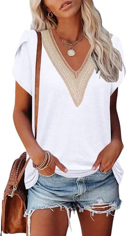 Dames T-shirt Elegante Kant V-Hals Petal Mouwen Zomer Blouse — thumbnail 1