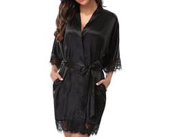 Sexy dames kimono - Maat XXL - Zwart - Kant - Avondjas - Satijnen badjas - Zwart - LOUZIR