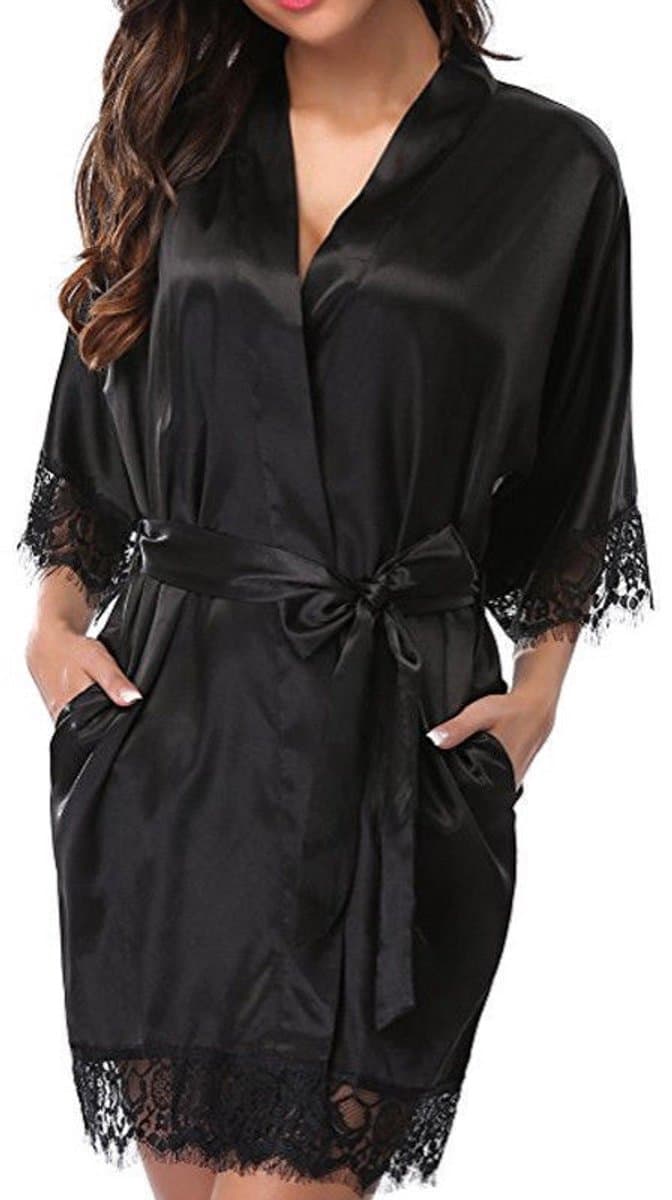 Sexy dames kimono - Maat XXL - Zwart - Kant - Avondjas - Satijnen badjas - Zwart - LOUZIR — afbeelding 1