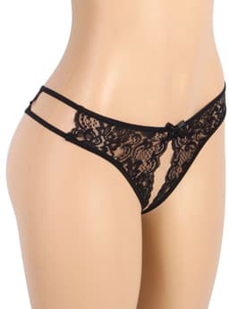 Zwarte Kanten String met Open Kruis – Black Lace Thong with Open Crotch - Sexy Erotische Dames Lingerie – Maat XL — thumbnail 3
