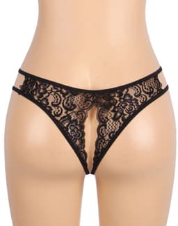 Zwarte Kanten String met Open Kruis – Black Lace Thong with Open Crotch - Sexy Erotische Dames Lingerie – Maat XL — thumbnail 2
