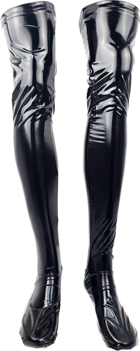BamBella® - Kousen - Maat S/M - Zwart - Datex (Mix latex en stof ) - Sexy Kniekousen van Super Glans Fetish kleding bdsm Dames sokken — afbeelding 1
