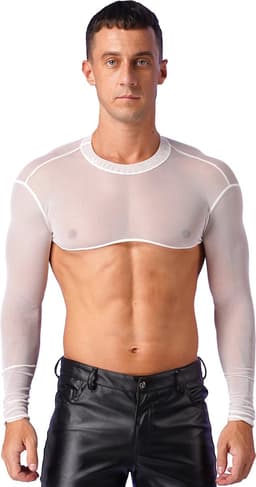 Erotische transparante mannen top - Crop - Sexy heren kleding - Rollenspel - BDSM - Festival - Zwart en Wit - Uitdagend — thumbnail 4