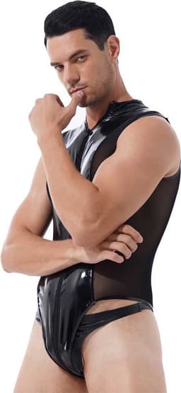 Mannen latex wetlook Catsuit - Erotische bodysuit PU Leder - Jumpsuit - Mouwloos - Transparante zijkanten - Ritssluiting — thumbnail 3