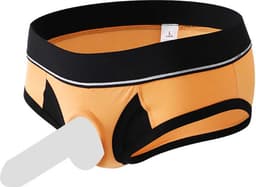 Oranje strakke heren slip met penis gat - BDSM ondergoed mannen - Korte string - Rollenspel - Erotiek - Zeer goede dikke kwaliteit polyester — thumbnail 2