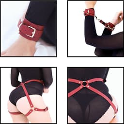 DOWO® - Body Bondage - Handboeien - Kleding Accessoires - Sexy Lingerie - Erotiek Riem - SM BDSM - Leer- Harnas Vrouwen - Sextoys voor vrouwen - Rood — thumbnail 2