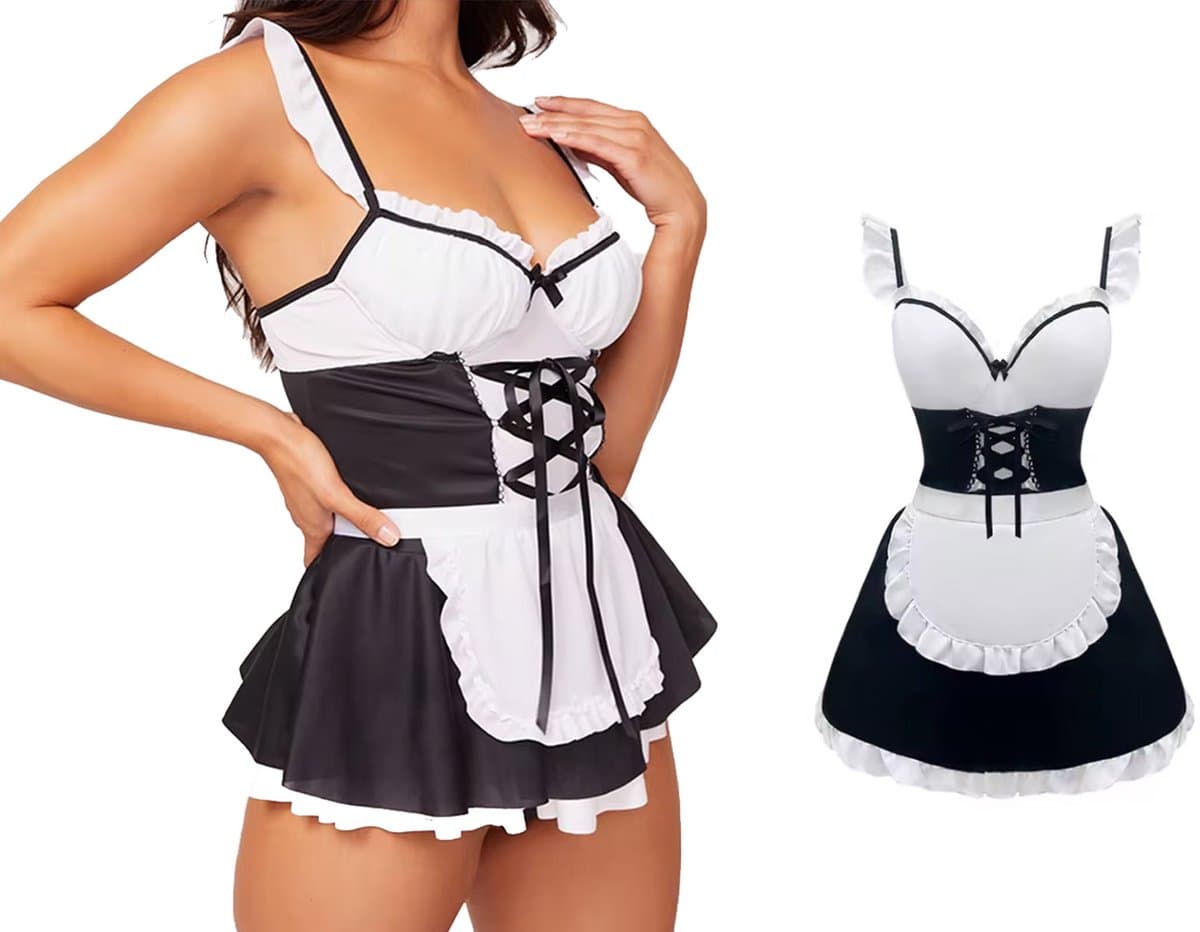 Dames verkleedkleding - sexy schoonmaakster - 3-delig - maid - cleaning - rollenspel - uniform - verkleden - cosplay - carnaval - outfit - kostuum - party - dress up - carnavalskleding - verkleedkleren - volwassenen - verkleedkledij - verkleedfeest — afbeelding 1