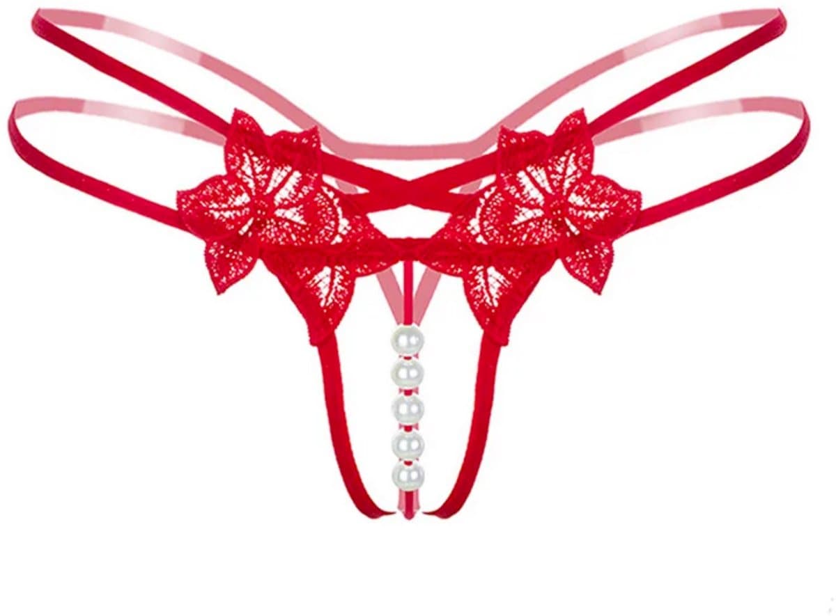 Sexy String met Parels - Kralen - Rood - Erotisch Design met Bloemen - One Size String - Dames Onderbroek Open Kruis - Lingerie / Ondergoed — afbeelding 1
