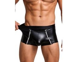Sexy Heren Boxer Lederlook met Dubbele Rits - PU Wetlook Open Kruis Boxershort Mannen - Fetish & Clubwear - Maat L