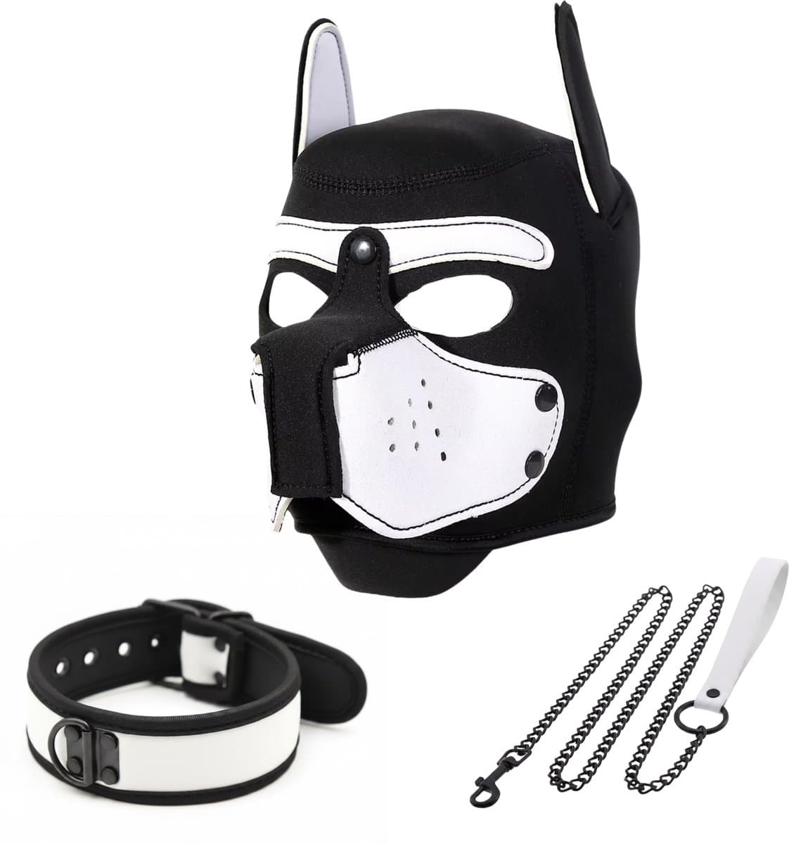 Honden Masker Set - Zwart & Wit - Masker, Halsband en Riem - Puppy Play - BDSM Roleplay & Cosplay - Unisex - Sex Speeltjes Toys - Erotiek - Bondage Masker - OneSize — afbeelding 1