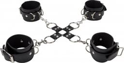 Ouch! Leren Hand en Enkelboeien Gekoppeld met Schakel Kruis – Zwart — thumbnail 4