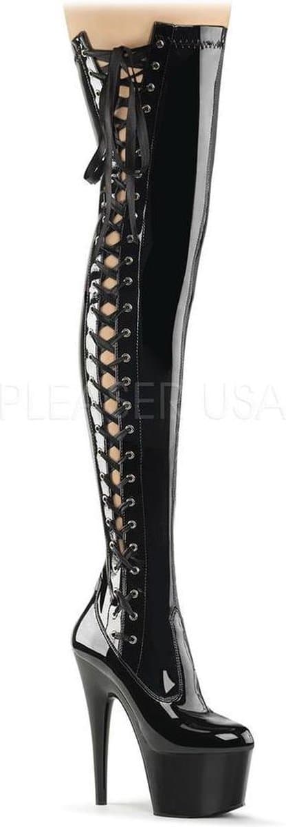 Adore-3050 plateau lak overknee laars met lint en stiletto hak zwart - (EU 37 = US 7) - Pleaser — afbeelding 1