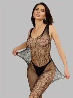 Transparante Catsuit met Open Kruis - Zwart Mesh - Sexy Bodystocking - Incl. Zwarte Kruis-Tepelstickers - One Size M-XL | LekkerStout | ( LS325 ) — thumbnail 1