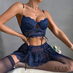 Elara - Alina - Luxe Lingerieset Dames - Lingerie Erotisch - Sexy Lingerie - 4-delige set - Blauw - Met Rokje 3837-XL — thumbnail 3