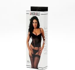 Amorable - Zwart Kanten torselet Met String En Kousen XL — thumbnail 5