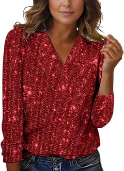 Dames Sexy Glitter Top met Pailletten Lange Mouw V-Hals Feestelijk Shirt — thumbnail 2