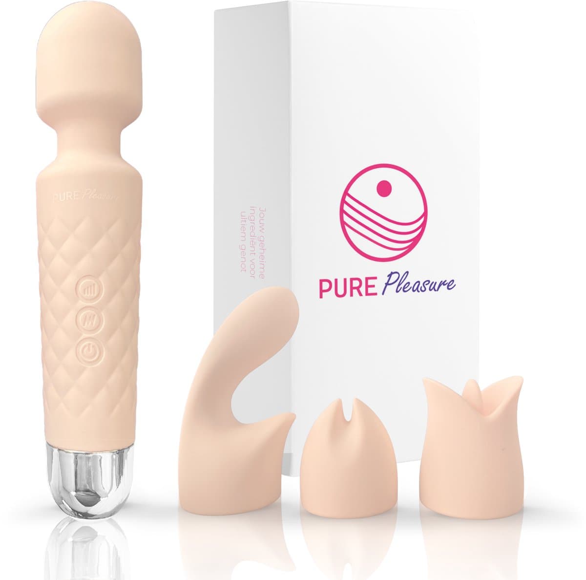 Pure Pleasure® Vibrator voor Vrouwen – Magic Wand Vibrator met 3 Opzetstukken – Seksspeeltjes voor Vrouwen & Koppels – G-spot & Clitoris Stimulator – Oplaadbaar – Fluisterstil – Siliconen – Roze — afbeelding 1