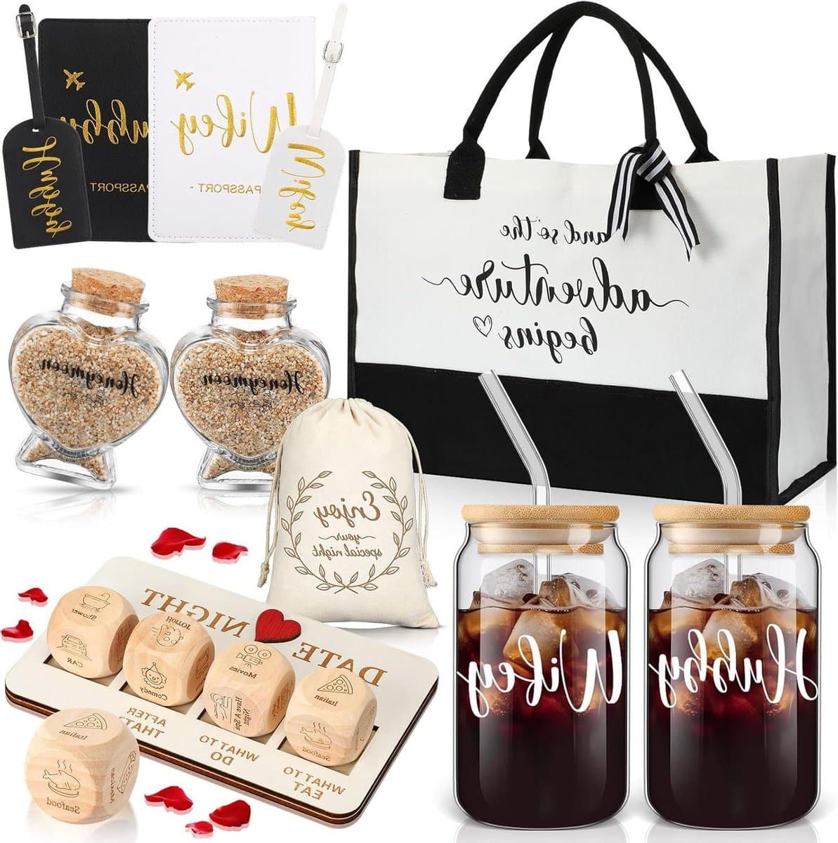 Cadeauset Koppels - Bruiloftscadeau - Huwelijksreis - 16 Delig - 400 ml Glazen - Wit Zwart Goud — afbeelding 1