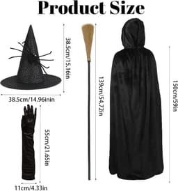 Sexy Heks Kostuum voor Vrouwen | Zwarte Mantel met Hoed, Handschoenen en Bezem | Perfect voor Halloween Cosplay en Feesten — thumbnail 3
