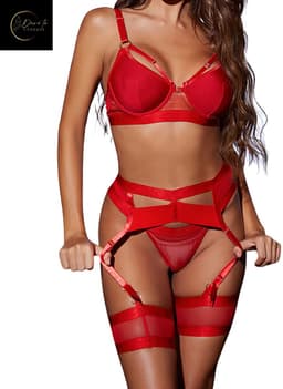 Sexy Lingerieset Dames – Sexy Lingerie – Erotische Lingerie Set – 4-delige Jarretelset – Rood Satijn – Beugel BH – High Waist Lingerie – Boudoir Set – Chique – Kinky – Madam Hommard – Exclusief – Cadeau Set – Dare to Undress – XS, S, M, L, XL — thumbnail 1