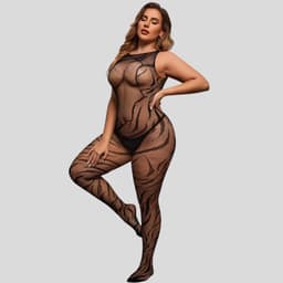 Elana Noctara Plus Size Bodystocking – Zwart Visnet met Sierlijk Patroon – Hoge Rekbaarheid – Sensuele Full Body Lingerie — thumbnail 4