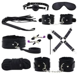 BDSM Set - 10 Delig - Gag Ball & Zweep - Seksspeeltjes - Handboeien - Zwart — thumbnail 1