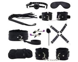 BDSM Set - 10 Delig - Gag Ball & Zweep - Seksspeeltjes - Handboeien - Zwart