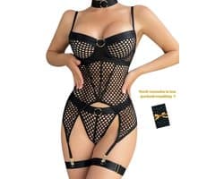 Sexy Lingerieset – Sexy Lingeriesetje Dames – Erotische lingerie Set – Bustierset – Lingerie Erotisch – Zwarte erotische body met jarretels – Kinky lingerie – Festival – Clubwear – BDSM – Wasteland – Dare to Undress – Maat S, M, L, XL