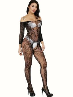 LekkerStout Transparante Catsuit - Open Kruis - Zwart - Sexy Lingerie | S-L | ( LS199 ) — thumbnail 1