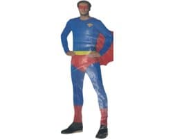 Kinky Superhero Kostuum – Strak Blauw Pak met Rode Cape & Masker – XL
