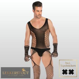 Heren Bodystocking Jarretel Design - Zwart - Visnet - Sexy Herenondergoed - One Size S-XL (46-52) | LS159 — thumbnail 2