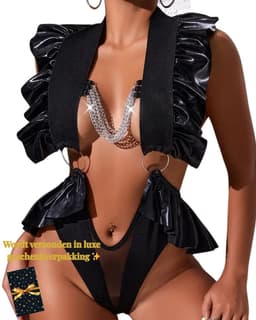 Sexy Lingerieset Dames – Erotische Lingerie – Cut-Out Wetlook Bodysuit met Ketting – Clubwear voor Wasteland, B.I.T.C.H. en Fetish Events – Zwarte Cut-Out Teddy – Open Design met Ruches – Dare to Undress – Liquid Vixen – One Size – Maat S, M, L, XL — thumbnail 2