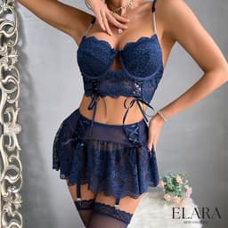 Elara - Alina - Luxe Lingerieset Dames - Lingerie Erotisch - Sexy Lingerie - 4-delige set - Blauw - Met Rokje 3837-S — thumbnail 2
