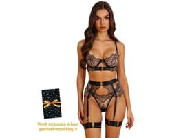 Luxe Lingerieset Dames – Lingerie Erotisch – Sexy Lingerie – 4-delige set – Zwart Kant – Lingerie Setje – Verleidelijke BH met Jarretels & Hoge Taille String – Sexy Lingerie – Chique – Luxe –Boudoir Look – Kinky – Erotisch – Maat XS/S, M, L, XL