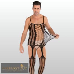 LekkerStout Heren Jarretel Bodystocking - Zwart - Visnet Herenlingerie - One Size S-XL | LS143 — thumbnail 5