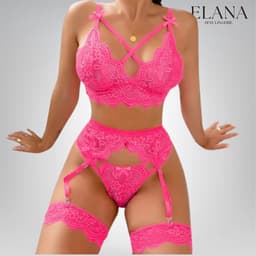 Elana Sorina – Luxe Kant Lingerie Set met Bh, String & Jarretels – Verleidelijke Dames Lingerie – XL – Roze — thumbnail 3