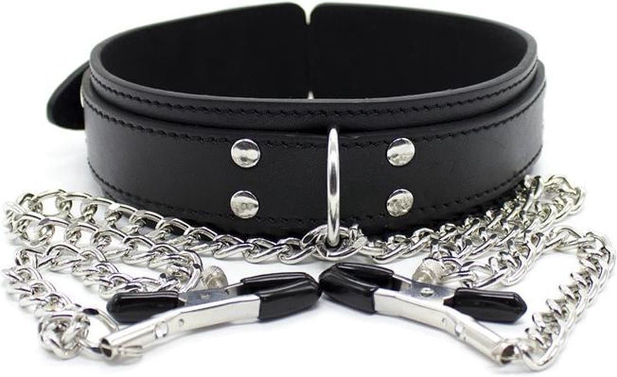 *** Bdsm Collar met tepelklemmen Bondage - Erotiek - Slave - Tepelklemmen - Lederen Ketting - Partner Sexy Rollespel - van Heble® *** — afbeelding 1