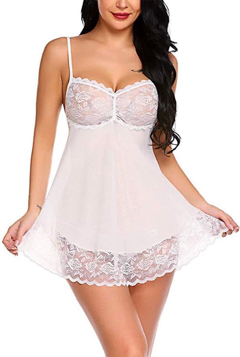 Erotische 2-Delige Lingerieset I Nachtjapon & Slipje I Sexy Kanten Lingerie Set I Maat M I Wit — afbeelding 1